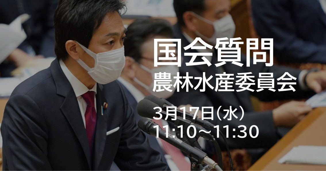 あす(3/17)、農林水産委員会で質問に立ちます。